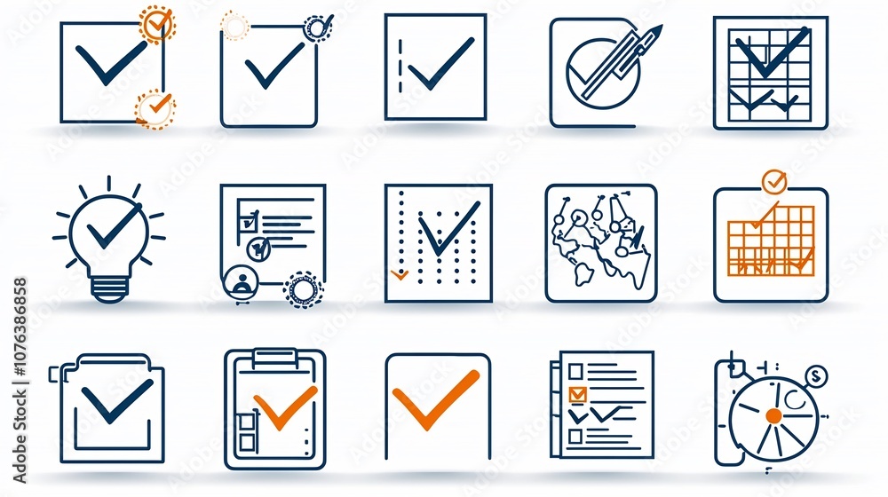 Poster Set of 15 Minimalist Outline Icons Representing the Key Elements of an Action Plan Including Schedule Strategy and Checkmark Symbols with a Clean and Editable Stroke