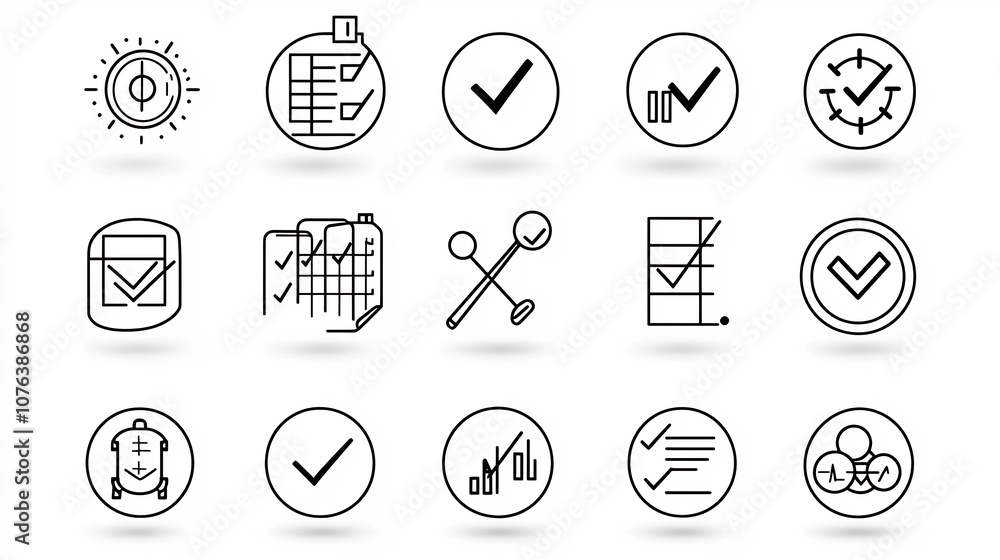 Leinwandbilder Comprehensive set of 15 outline icons depicting key elements of an action plan including scheduling strategic planning and checkmark symbols