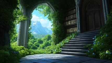 Fototapeta premium archway, adorned with greenery and softly glowing sunlight, opens to a stunning mountainous view. staircase leads further into the serene outdoor setting, filled with lush foliage