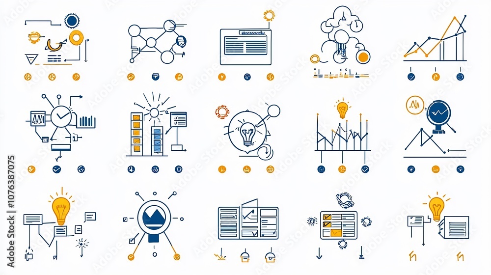 Poster Set of 15 action oriented outline style icons featuring project roadmap task allocation and progress tracking elements  Editable suitable for business management planning and workflow optimization