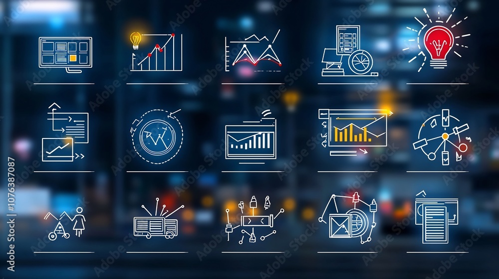 Leinwandbilder Concise set of 15 outline style icons designed to visually represent key elements of project management and workflow optimization including roadmap task allocation and progress tracking
