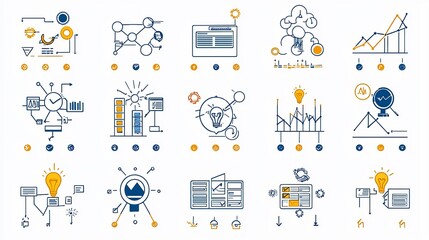 Set of 15 action oriented outline style icons featuring project roadmap task allocation and progress tracking elements  Editable suitable for business management planning and workflow optimization