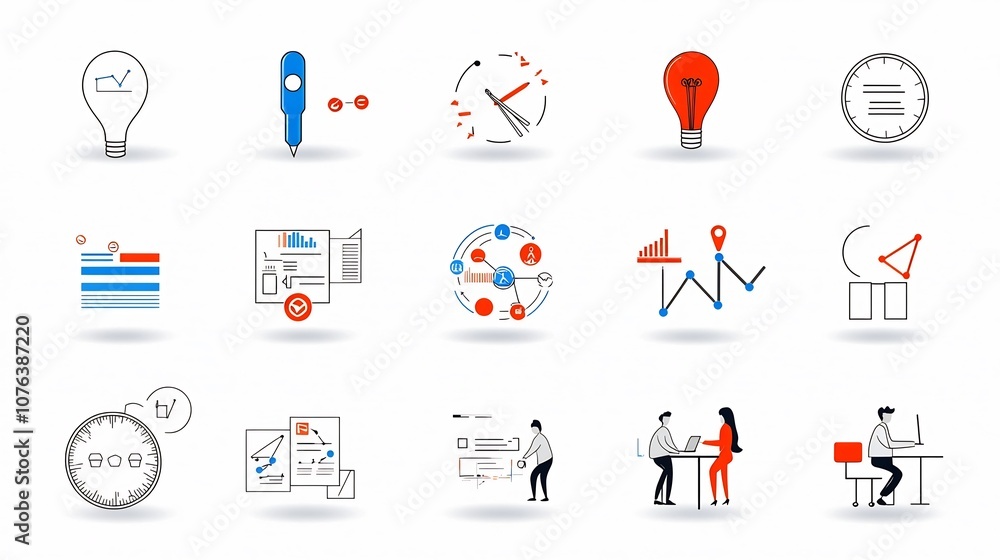 Aufkleber strategic planning icons clean with symbols for target deadline teamwork graphical elements represen