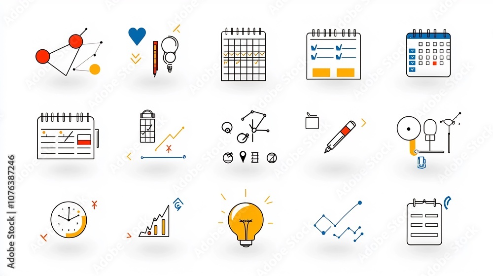 Poster Set of 15 outline style icons representing key elements of checklist management  Minimal design focusing on calendar to do lists and teamwork suitable for organizational tools workflow apps
