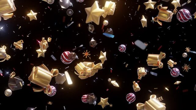 Colorful Christmas balls Background, gifts and Golden stars moving in space with confetti On black Screen. Loop 3D animation render 4K.