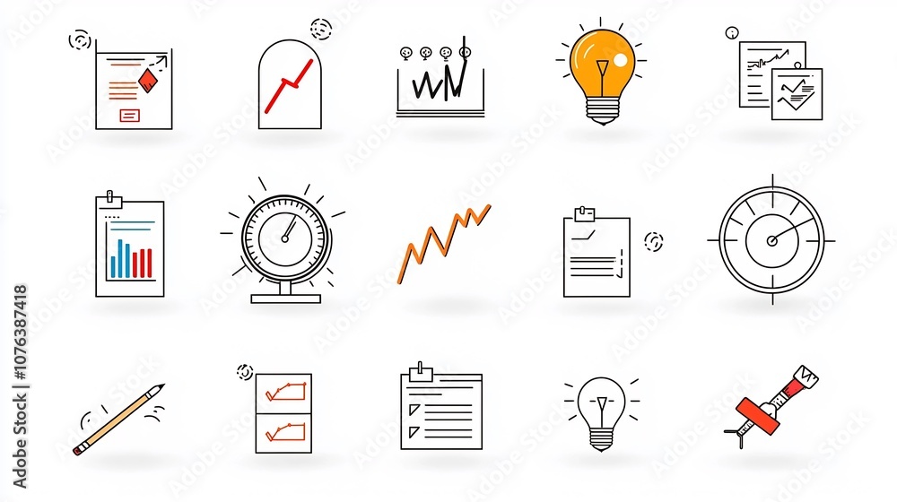 Poster Comprehensive Outline Icon Set Featuring 15 Symbols Representing Various Elements of Task Planning and Tracking Including Workflow Approval and Progress Meter in a Clean Style with Editable Strokes