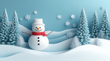 Obraz premium Cute snowman winter poster, white and blue gradient background color, coniferous forest in the foreground, three-dimensional shape, 3D rendering effect