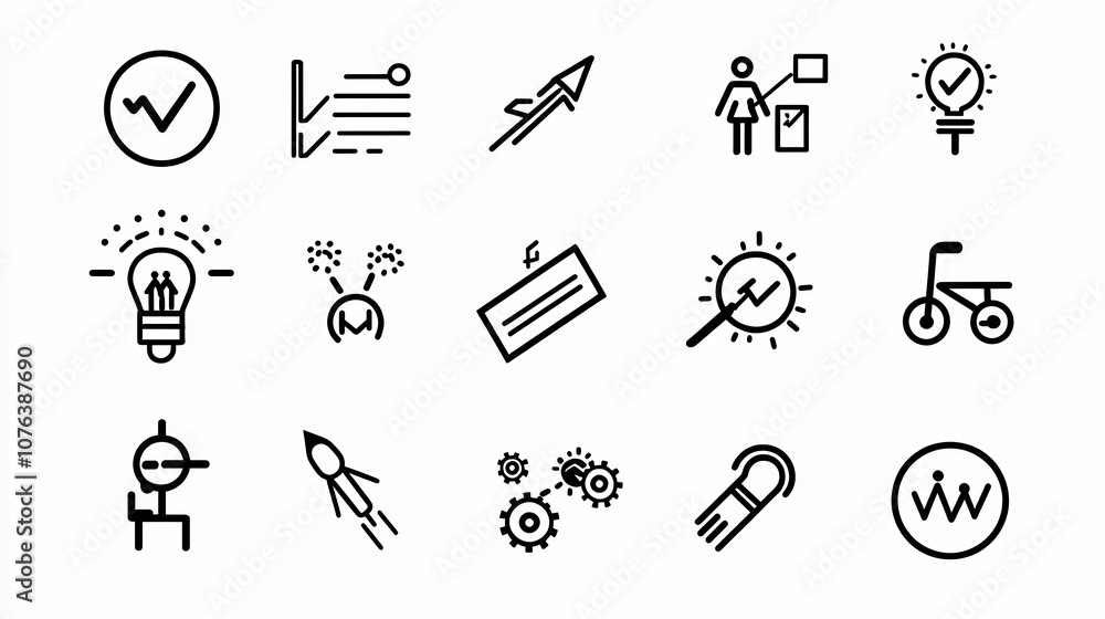Poster Set of 15 Linear Icons Illustrating Action Plan Processes with Symbols for Task Priority Resource Allocation and Timeline in a Simple Style