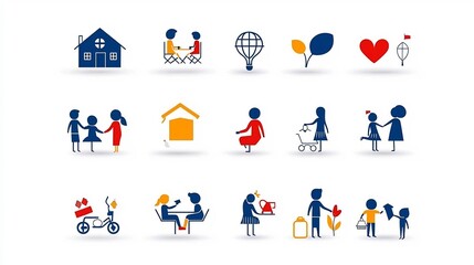 Fototapeta premium Comprehensive Family Icon Set Featuring 15 Minimalist Outline Symbols Representing Various Home Activities Togetherness and Domestic Lifestyle Elements