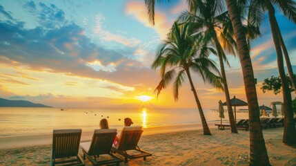 A couple relaxes in comfortable loungers on a serene beach, basking in the warm glow of a vibrant sunset, with gentle waves lapping nearby.