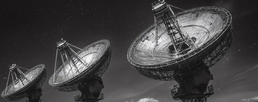 Three large satellite dishes aligned under a starry night sky.