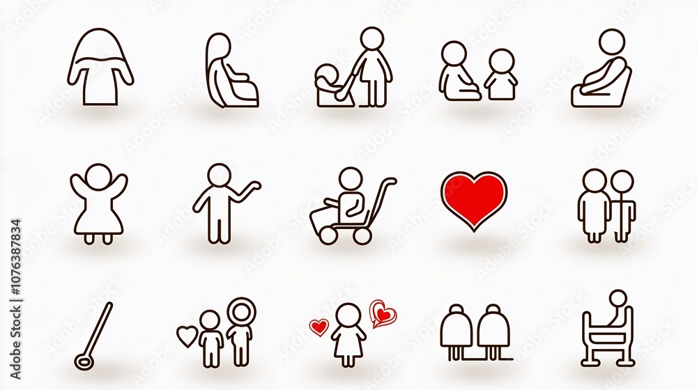 Poster set of 15 clean and editable outline icons representing various family members including mother fath