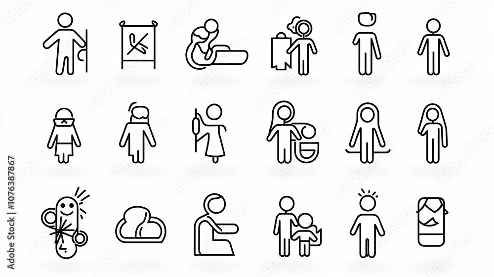 Aufkleber set of 15 outline icons representing different family members including mother father and baby symbo