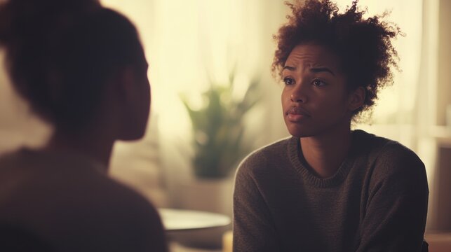 Therapy session with attentive participants, expressions of empathy and understanding, creating a calm and safe atmosphere, featuring a soft focus on the supportive interaction in a group setting