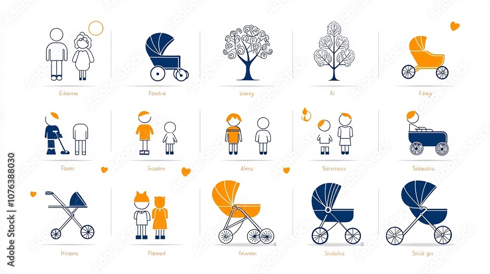 Leinwandbilder collection of 15 minimalist outline style icons representing various family related concepts such as