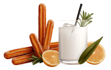 Delicious churros served with refreshing creamy and citrusy drinks on a transparent background, perfect for sweet snack cravings and easy use in designs