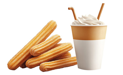 Delicious churros served with refreshing creamy and citrusy drinks on a transparent background, perfect for sweet snack cravings and easy use in designs