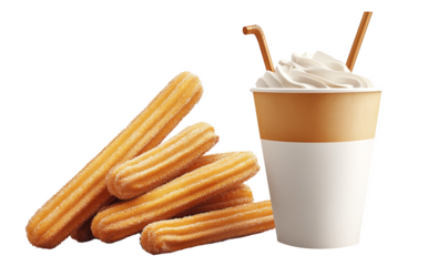 Delicious churros served with refreshing creamy and citrusy drinks on a transparent background, perfect for sweet snack cravings and easy use in designs