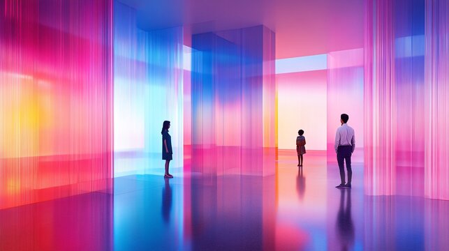 Colorful Interactive Art Installation with Three People Observing Abstract Patterns