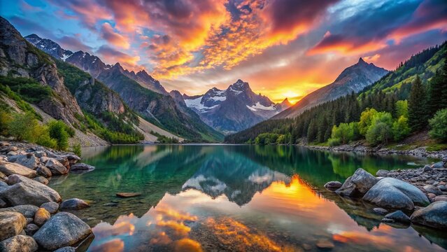 Breathtaking Evening at Mountain Lake Shobaidak in the Mukhinsky Gorge of Teberda Nature Reserve Surrounded by Majestic Peaks and Reflected Serenity