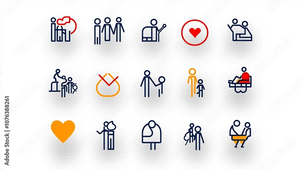 Poster collection of 15 linear icons depicting the various bonds and relationships within a family includin