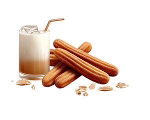Delicious churros served with refreshing creamy and citrusy drinks on a transparent background, perfect for sweet snack cravings and easy use in designs