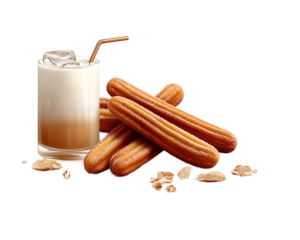 Delicious churros served with refreshing creamy and citrusy drinks on a transparent background, perfect for sweet snack cravings and easy use in designs
