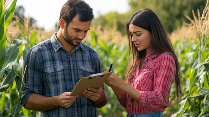 Two coworkers inspect corn crop health in a field with a clipboard during the growing season