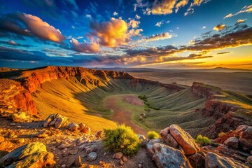 Naklejka premium Breathtaking Landscape Photography of Meteor Crater in Flagstaff, Arizona, Showcasing the Stunning Geological Features and Surrounding Wilderness at Sunrise