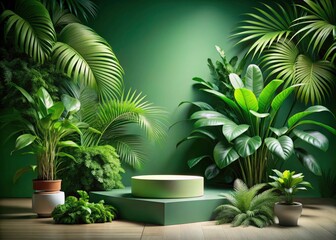 Fototapeta premium Tropical Jungle Podium for Product Presentation: Lush Green Background Perfect for Cosmetic Display, Nature-Inspired Aesthetics, and Premium Branding Opportunities