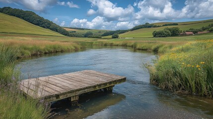 Wooden Dock on a Tranquil River in a Rural Setting with Rolling Hills and Lush Greenery