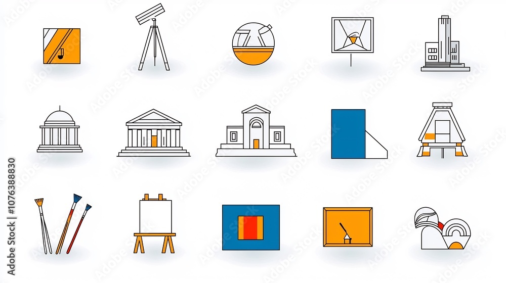 Poster a collection of 15 minimalist linear icons that capture the essence of the art world featuring a mus