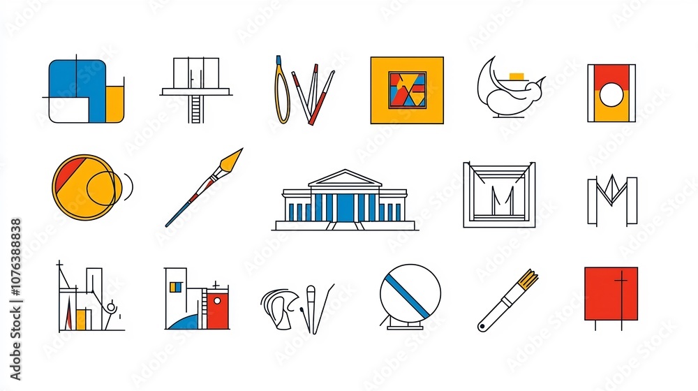 Leinwandbilder Collection of 15 linear icons focused on the art world featuring museum building canvas and architectural elements in a simple line style