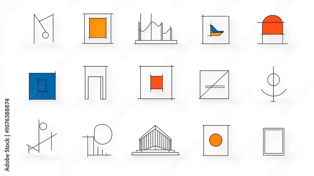 Poster collection of 15 elegant linear icons focused on the art world featuring museum building canvas and 