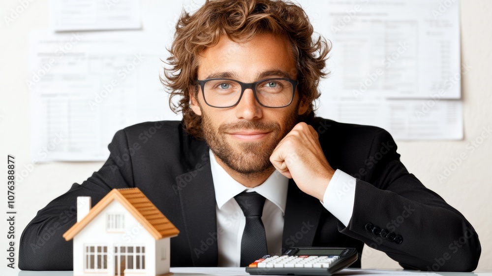 Poster man in a suit is sitting at a desk with a calculator and a model house. he is smiling and he is happ