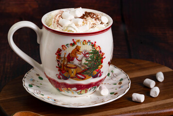  A mug of hot chocolate with whipped cream and marshmallow