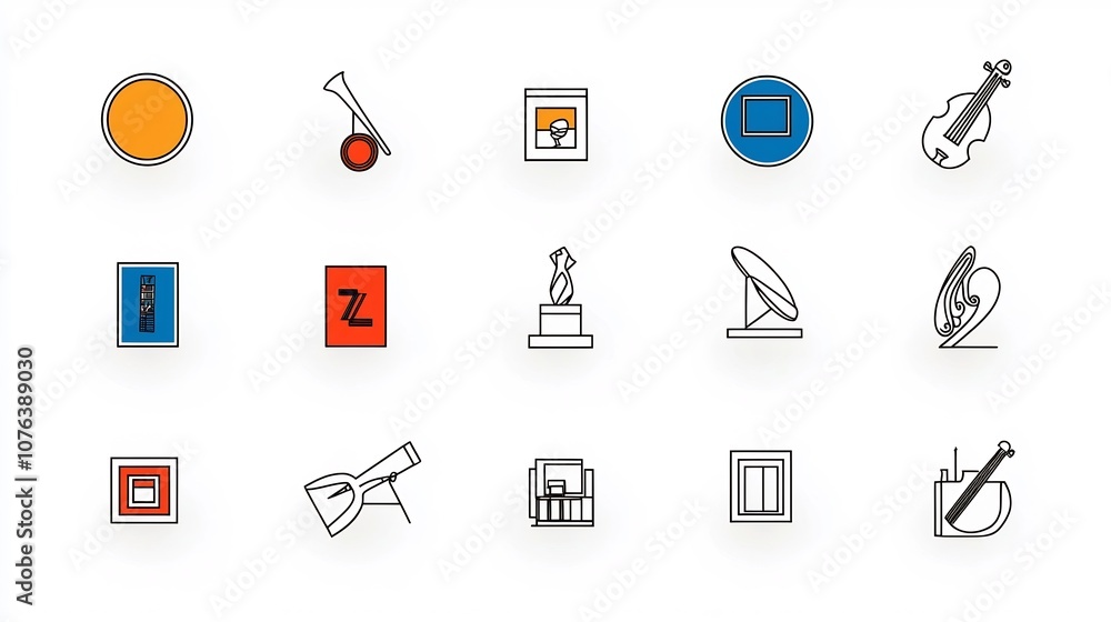 Poster collection of 15 elegant outline style icons featuring elements such as galleries sculptures and mus