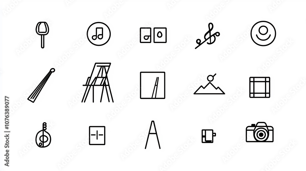 Poster minimalist featuring a collection of 15 linear icons representing various art forms and creative dis
