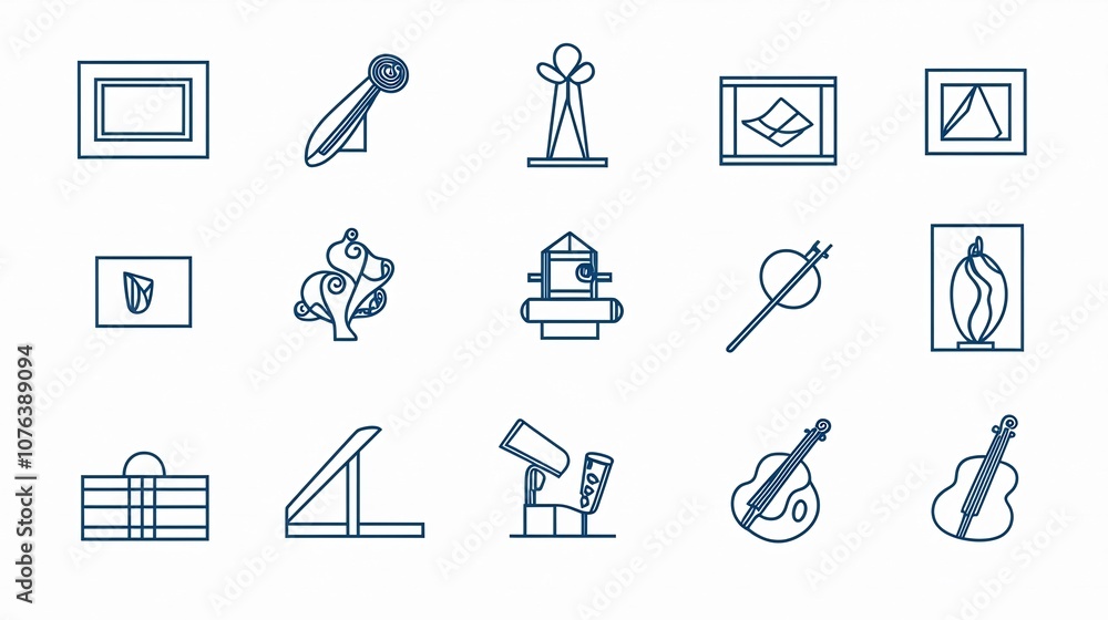 Poster outline icons collection featuring galleries sculptures and musical instruments for art related desi