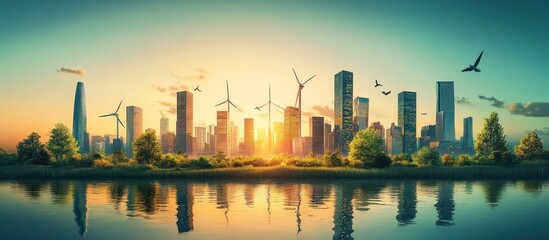 Cityscape with Windmills and Sunset Reflections