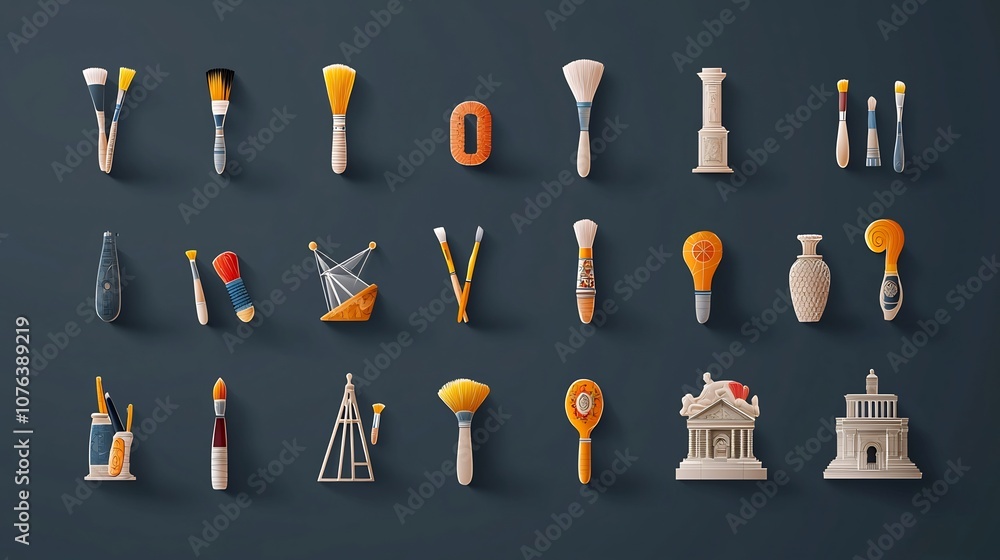 Fototapete Set of 15 thin line icons showcasing expression featuring brushes museum artifacts and architecture details in a format
