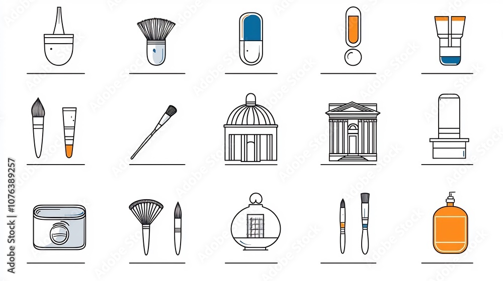 Aufkleber a set of 15 thin line icons representing various elements of expression including brushes museum art