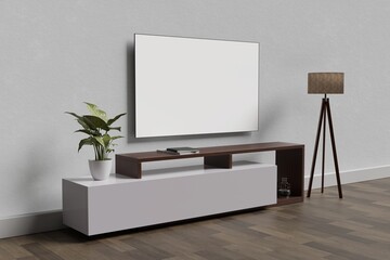 TV on cabinet in modern living room with lamp,table,flower and plant on yellow illuminating wall background,3d rendering