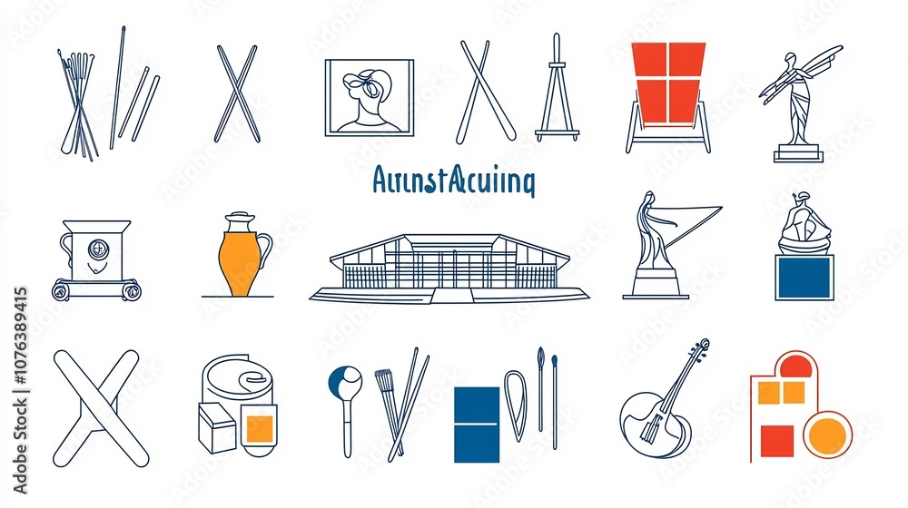 Leinwandbilder set of 15 minimalist outline icons showcasing various art and cultural elements such as a concert to