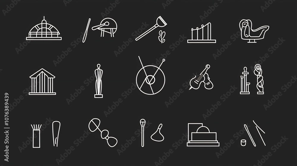 Poster elegant set of 15 outline icons representing various art and cultural elements including a concert t