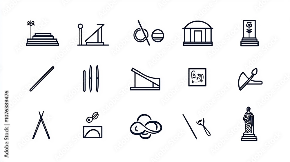 Poster This minimalist outline icon set features 15 symbols representing various elements of art and culture including a concert tools and statues  Designed in a clean style with editable strokes