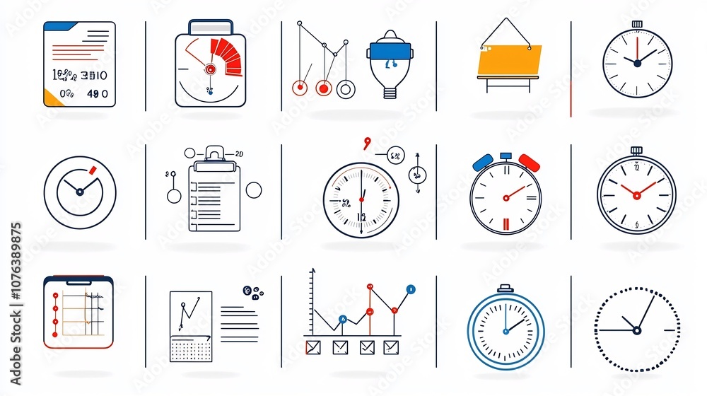 Poster Collection of 15 clean and minimal linear icons representing scheduling countdown and deadline management tools  Includes symbols for daily reminders stopwatch and deadline tracking