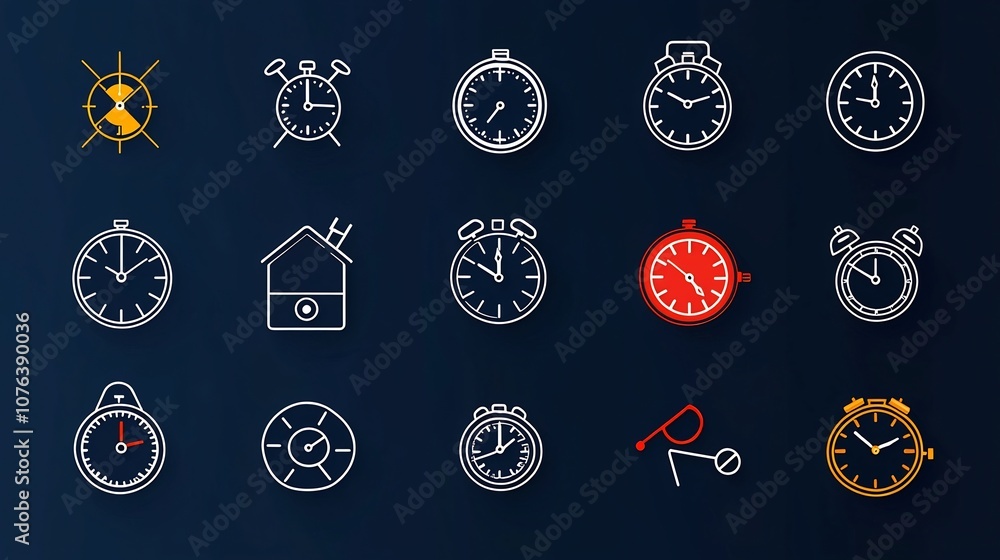 Poster comprehensive icon set featuring 15 clean and modern symbols representing various time related conce