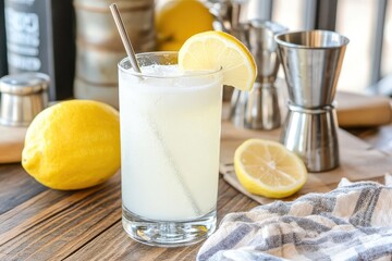 A refreshing cocktail featuring lemon slices and a straw, surrounded by fresh lemons and bar tools on a wooden surface.