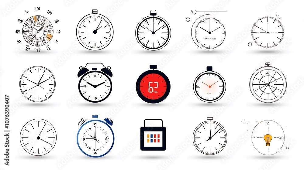 Poster Set of 15 minimalist outline icons representing various clock and timer devices including analog and digital clocks countdown timers and reminder symbols